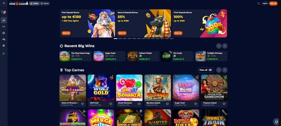 Captura del catálogo de juegos oficial de NineCasino
