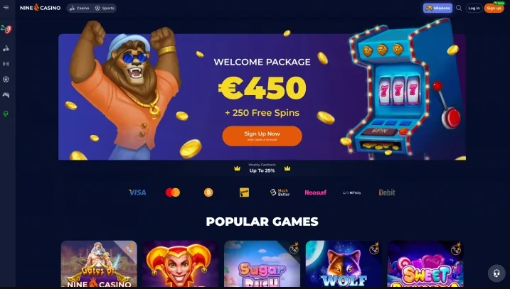 Captura de la página principal oficial de NineCasino