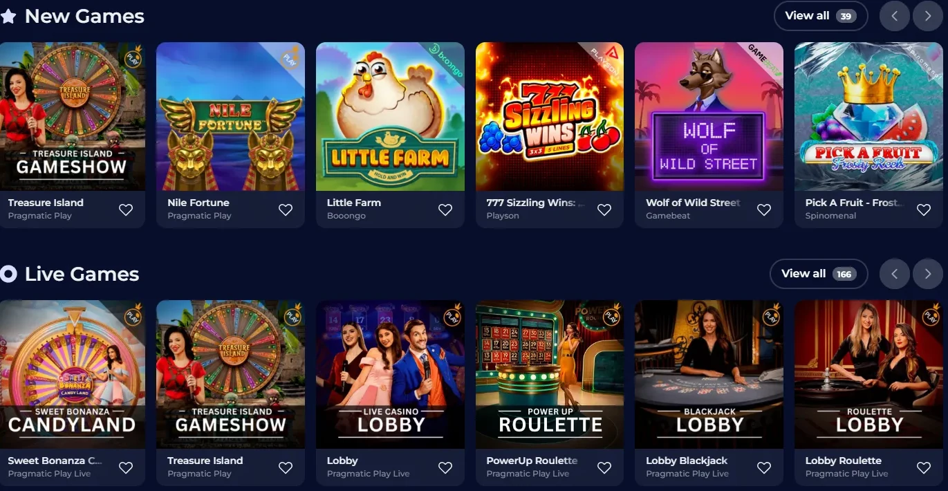 Captura de las secciones New Games y Live Games de NineCasino